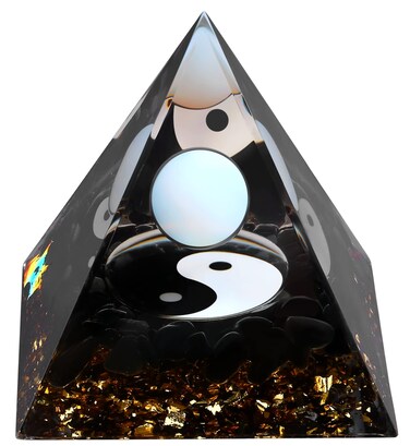 Yin Yang Healing Crystal Orgonite Pyramid - Tai Chi with Obsidian Opal Ball - Taiji Reiki Chakra Meditation Desktop Paperweights Decor