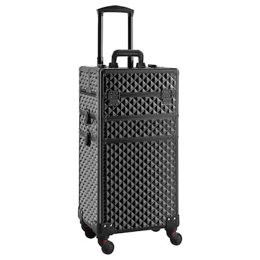 Rolling Makeup Case 3 in 1,Professional Makeup Train Case organizers,Large Storage Cosmetic case Trolley,Makeup Travel Case for Salon Barber Bright Black