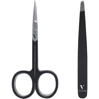 Vivre Stainless Steel Cuticle Scissor with Tweezer - Professional set of Eyelash Scissor and tweezer for Women - Ideal for Fingernails, Eyebrows, Eyelashes, Dry Skin, And Men's Beard - BLACK