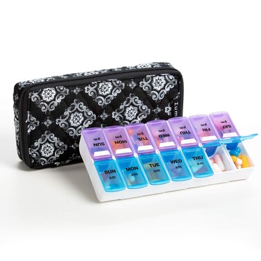 Weekly Pill Organizer 2 Times a Day, Zumd Pill Box 7 Day with Cute Quilted Fabric Zipper Case, Travel Pill Case Am Pm for Vitamin Medicine Organizer