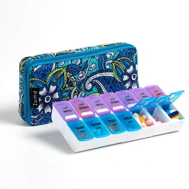 Weekly Pill Organizer 2 Times a Day, Zumd Pill Box 7 Day with Cute Quilted Fabric Zipper Case, Travel Pill Case Am Pm for Vitamin Medicine Organizer