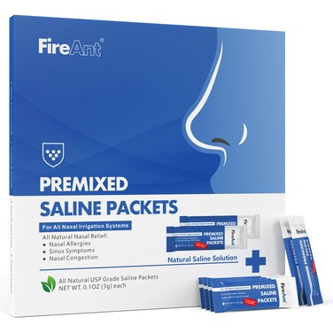 FireAnt Saline Packets Sinus Rinse, 101 Premixed Neti Pot Salt Packets for Nasal Rinse, All Natural, Pharmaceutical Grade, and PH Balanced - 101 Count
