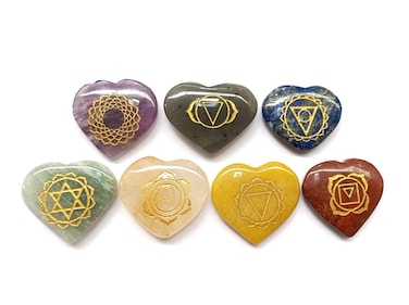 Jet 7 Chakra Set Heart Shape Reiki Engraving Handcrfted for Chakra Balancing Massage Stone Set Healing Meditation Gifting