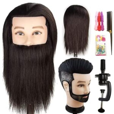 Professional Barber Male Mannequin head with human Hair Men Training Manikin Cosmetology Doll Head Short Hair Cutting (Black With Beard)