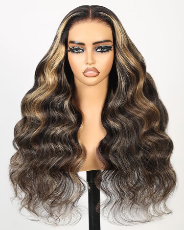 Highlight Wig Human Hair Honey Blonde Ombre Lace Front Wig Wear and Go Glueless Wig 6x5 Pre Cut Balayage Wig 12A 220% Density Pre Plucked Wigs Human Hair Bleached Tiny Knots 24 Inch Body Wigs