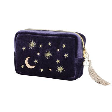 Handy cosmetic makeup bag,Navy Velvet Embroidered Applique Moon Stars Cosmetic Bag,Starry Makeup Pouch with Tassels &amp; Pearl Zipper,Beautician Storage Bag