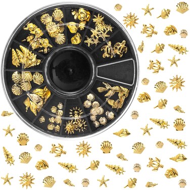 Ocean Theme Nail Art Charms, Sea Beach Starfish Seashell Nail Charm Decals, 3D Alloy Nail Gems Decoration Stickers for Manicure DIY Embellishments 12 Style- Gold
