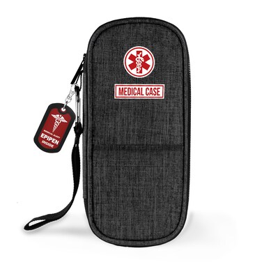 mnmoom EpiPen Medical Carrying Case, Travel Medication Bag Insulated Fits 2 EpiPens, Asthma Inhaler, Anti-Histamine, Auvi-Q, Allergy Medicine Essentials-with a Epipen Tag (Black-XL)