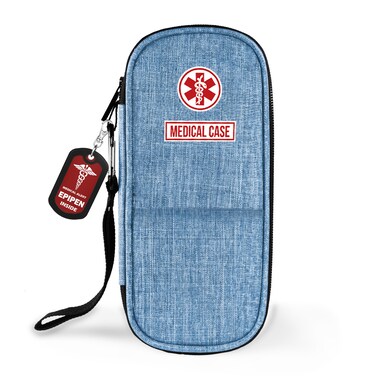 mnmoom EpiPen Medical Carrying Case, Travel Medication Bag Insulated Fits 2 EpiPens, Asthma Inhaler, Anti-Histamine, Auvi-Q, Allergy Medicine Essentials-with a Epipen Tag (Blue-XL)