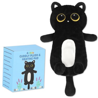 Cute Heating Pad Microwavable Stuffed Animals, Black Cat 1.4lb Removable Heated Warm Animals, Super Soft Cozy Heatable Plush Body Pad for Cramps of Relief