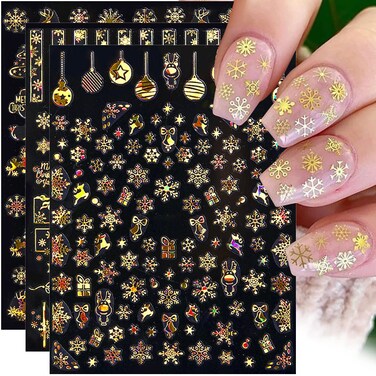 3D Christmas Nail Stickers,Holographic Snowflake Nail Decals Laser Gold Snowflake Nail Art Stickers Winter Nails Decoration Xmas Tree Elk Self Adhesive Sticker Women DIY Nail Accessories,9 Sheets/Set