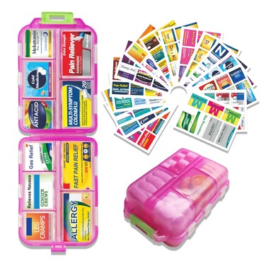 Large Pink 7-Day Pill Organizer with 161 Medicine Labels - Mini Daily Medication Storage Case - Durable and Compact Pill Holder - Fits Pocket or Purse