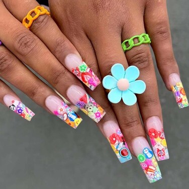 Long Square Press on Nails Graffiti Fake Nails Nude Nails Tips Full Cover Cute False Nails for Women and Girls 24Pcs