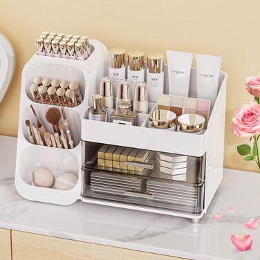 Makeup Organizer with Drawers, Skincare Organizer (Large Size Thick), Storage Box Cosmetic Display Cases, Make up Organizers for Vanity, Dresser, Desk, Kitchen, Countertop (White)
