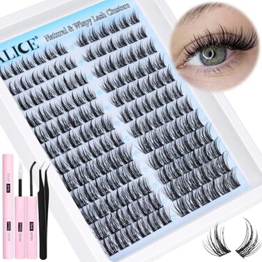 ALICE Natural Lash Clusters Kit Cluster Eyelash Extension Kit Left &amp; Right Fluffy Wispy DIY Lash Extension Kit 144pcs 3D Anime C Curl Eyelash Clusters Kit with Lash Glue Bond and Seal and Tweezers