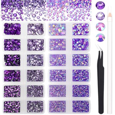 15000PCs 2-6MM Purple Series Resin Flat Back Rhinestones, Round Non Hotfix Jelly &amp; Silver Bottom Resin Rhinestones Nail Gems Stones with Tweezer &amp; Picker Pen for Nail Art Tumblers &amp; DIY Crafts