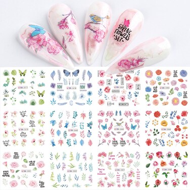 12 Sheets Flower Water Transfer Nail Decals Fresh Nail Stickers with Assorted Patterns Blossom Floral Leaf Butterfly Bird Nail Decals Watermark Nail Designs Manicure Stickers Nail Art Accessories(22)