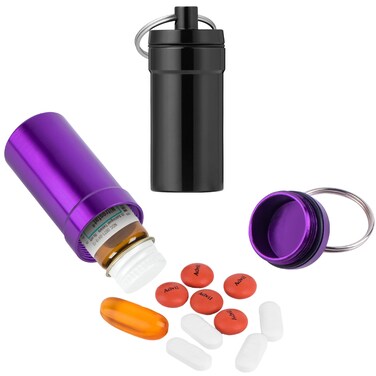 Nitroglycerin Keychain Pill Holder Mini, 2 Pack Waterproof Portable Travel Purse Pocket Pill Case, Keychain Pill Fob Container for 25ct Nitro/Nitroglycerin Bottle (Black + Purple)