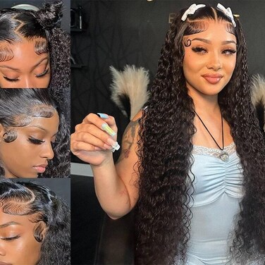Deep Wave Frontal Wigs 180 Density 13x6 HD Lace Front Wigs Human Hair Pre Plucked with Baby Hair Transparent Glueless Brazilian Deep Wave Frontal Wigs for Women Natural Black Color(24inch)