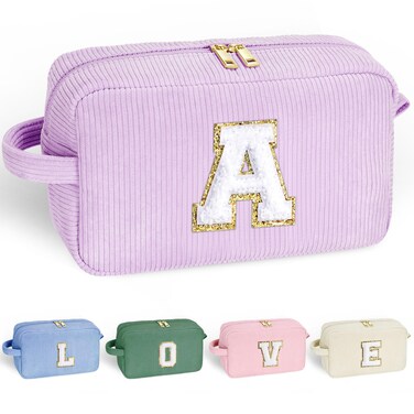 YOOLIFE Purple Travel Makeup Bag - Initial Cosmetic Bag Cute Makeup Bag Travel Essentials Travel Makeup Pouch Small Makeup Brush Bag Makeup Bag Organizer Personalized Gifts for Women Her Letter A