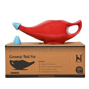 HealthGoodsIn Premium Handcrafted Durable Ceramic Neti Pot, Nasal Cleansing, Dishwasher Safe with 2 Silicone Nozzle Tip, Holds 225 Ml. - Crackle Pattern Red