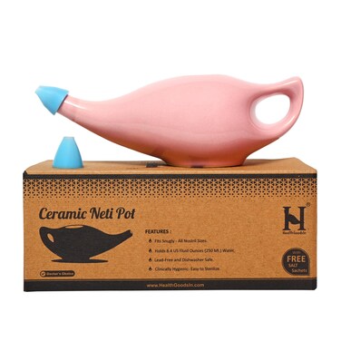HealthGoodsIn Ceramic Neti Pot, Dishwasher Safe, Premium Handcrafted with 2 Silicone Nozzle and Salt for Sinus - 225 Ml. Capacity (Peach)