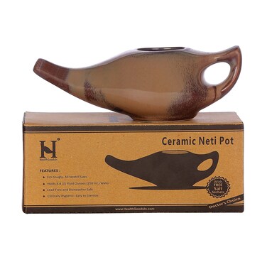 HealthGoodsIn Ceramic Neti Pot, Premium Handcrafted Durable, Dishwasher Safe with 2 Silicone Nozzle Tip, 225 Ml. (7.6 FL Oz) Capacity (Blue)