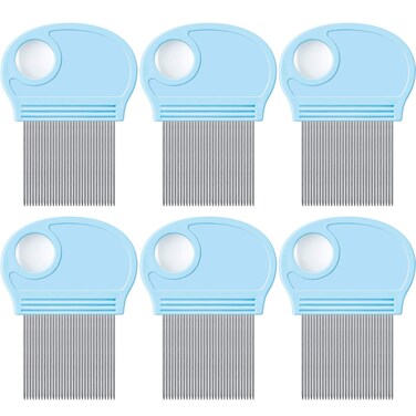 6 Pieces Head Lice Remover Nit Removal Hair Comb with Magnifier, Fine Metal Teeth Tool for Dogs Cats Pet Human Grooming and Removing Dandruff Flakes/Lice Eggs, Sky Blue