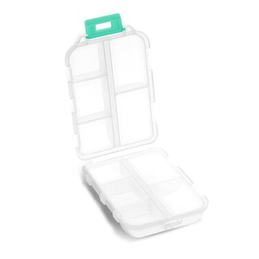 Pill Case - Portable Supplements Tablet Container Box with 10 Compartments - Medicine Capsule Vitamin Foldable Organizer Dispenser Holder Storage for Travel Trip Pocket Purse - Clear White