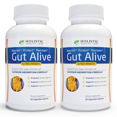 Gut Alive For Restoring Gut Lining - All Natural Support to Fight Leaky Gut, IBS, Heartburn, Acid Indigestion, Acid Reflux, Bloating &amp; Gas. Unique Formulation (60 Count (Pack of 2))