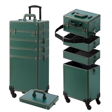 Makeup Train Case, Rolling Makeup Case with Lid, 5 in 1 Cosmetology Case on Wheels, Christmas Gift, Large Makeup Case Organizers, Profesional Cosmetic Case for Salon Barber, Green