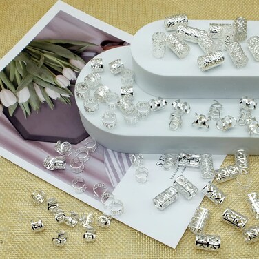 100 PCS Hair Jewels for Braids Silver Dreadlock Beads Loc Accessories Hair Rings for Girls Adjustable Cuffs Iron Braiding Hair Rings Decoration Hair Jewelry for Women