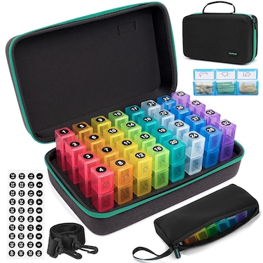 Yewltvep Monthly Pill Organizer 3X a Day, Monthly Pill Organizer 3 Times a Day, Medicine Pill Boxes with 32 Daily Compartments 30 Day Pill Holder with Hard Travel Case + Weekly Pill Bag 3 Times a Day