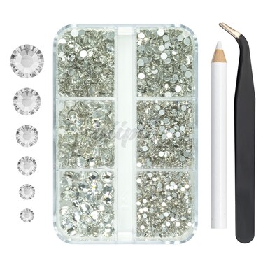 2550pcs Crystal Clear Nail Art Flatback Rhinestones for Face Makeup, White Nail Gems Gemstones K9 Glass SS4SS20 6 Sizes Bling Diamonds Stones w Tweezer &amp; Wax Picking Pen for DIY Crafts