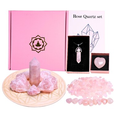 Genuine Rose Quartz Healing Crystal Set - Includes Pillar, Tumbled and Raw Stones, Necklace, Heart, Chips - Ideal for Meditation, Chakra Balancing, Reiki and Home Decor