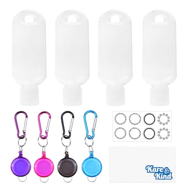 Kare &amp; Kind Clear Portable Travel Bottles - 4x Empty Containers, 4x Carabiner/Retractable Lanyard, 1x Sticker Label Sheets - up to 50 ML -For Hand Sanitizers, Rubbing Alcohol, Liquids, Toiletries