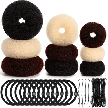 WILLBOND 9 Pieces Donut Hair Bun Maker Shaper Foam Sponge Doughnut Bun Ring Style Set with 12 Pieces Hair Elastic Bands Ties and 32 Pieces Bobby Pins for Women(Black, Brown, Beige)