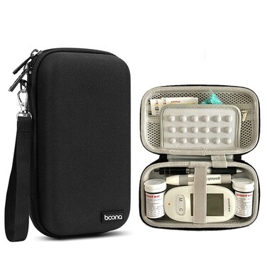 Diabetic Supplies Bag Blood Sugar Test Kit Case Organizer For Blood Glucose Monitor / Meter, Diabetes Test Strips, Lancets, Lancing Device, Insulin Pen, Syringes, Pills, Alcohol Wipe (B-Black, Large)