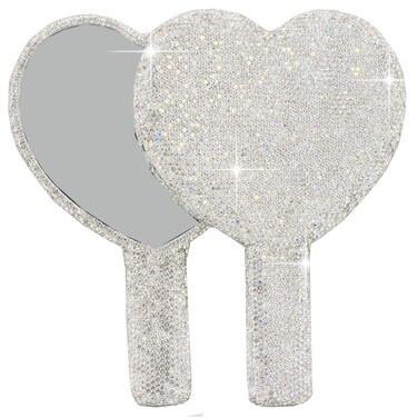 Bling Rhinestone Heart Handheld Mirror - Portable &amp; Dazzling Makeup Mirror for On-The-Go Touch-ups (Plastic Pink)