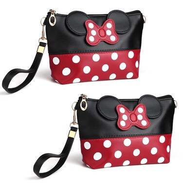 2 Pack Cartoon Leather Travel Makeup Handbag, Cute Portable Cosmetic Bag Toiletry Pouch for Women Teen Girls Kids(Black)
