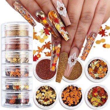 Fall Nail Art, 6 Boxes Fall Leaves Nail Glitters 3D Gold Maple Leaf Nail Sequins with Glitter Powder Gold Yellow Red Autumn Leaves Nail Art Flakes Thanksgiving Nails Design for Acrylic Nails
