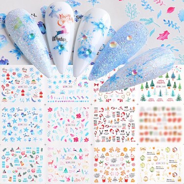Christmas Nail Art Stickers, Snowflake Nail Decals Water Transfer Colorful Gingerbread Man Snowmen Reindeer Bell Merry Christmas Xmas Tree Winter Nail Tattoo Stickers for Women Girls (12 Sheets)