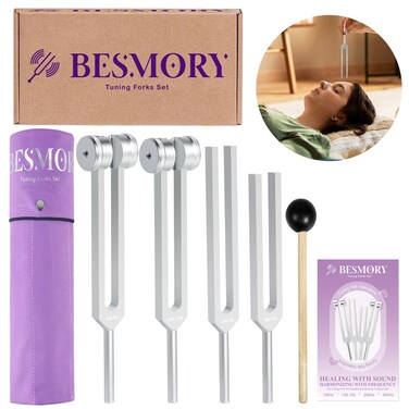 Tuning Forks for Healing Set (128Hz, 136.1Hz, 256Hz, 384Hz), Tuning Fork with Reflex Hammer 4-Piece Chakra Set for Sound Therapy/Sound Healing/Medicine/Yoga, A Good Gift for Women, Meditation Beginner