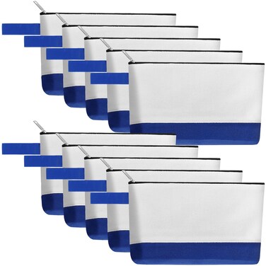 10 Pieces Cotton Canvas Makeup Bag with Bottom and Strap, Multi-Purpose Cosmetic Bag with Zipper Travel Toiletry Pouch, Blank DIY Craft Bag (White&amp;Blue, S)
