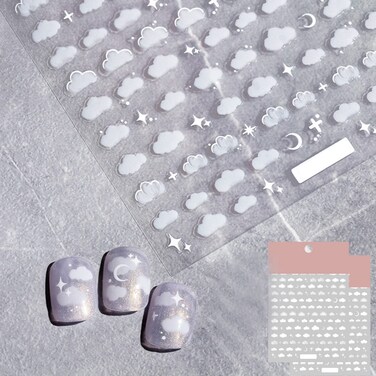 Night Sky Nail Art Sticker Decals 3D White Moon Star Cloud Pattern Nail Tips Semi Transparent Design Fashion Charm DIY Toenails Nail Tattoos for Women Girls Manicure Nail Decoration (2 Sheets)