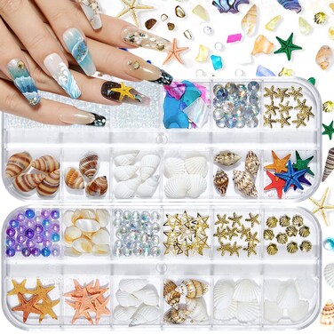 Summer Nail Art Rhinestones, 2 Boxes Tropical Ocean Nail Charms Shell Starfish Conch Sea Series 3D Beach Nail Design Accessories Manicure DIY Seashell Nail Decoration for Women Girls