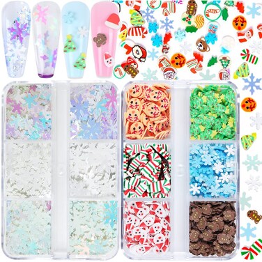 Christmas Nail Glitter Sequins, 12 Grids Holographic Snowflake Nail Art Glitters Snow Flakes Xmas Tree Snowmen Santa Claus Elk Christmas Nail Design Winter Nail Sticker Decals Manicure DIY Decorations