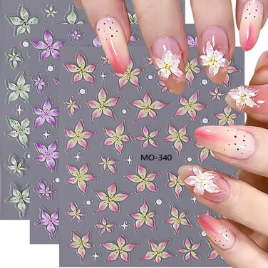 Flower Nail Art Stickers, 5D Embossed Summer Lily Nail Decals Pink Green Purple Floral Summer Nail Art Supplies Luxurious Flower Nail Design for Women Manicure Decoration(3 Sheets)