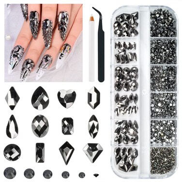 Mine Black Nail Rhinestones Multi Shapes Metallic Black Rhinestones for Nails Flatback Nail Gems K9 Glass Round Beads Stones Diamonds Nail Charms Art for Nails Faces Eyes Makeup Crafts DIY