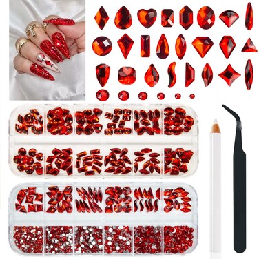 24 Styles Multi-Shapes Ruby Red Rhinestones Big Gems Nail Charms Siam Round Beads K9 Glass Stones Diamonds Jewels Nail Art Flatback for Face Eyes Makeup Crafts